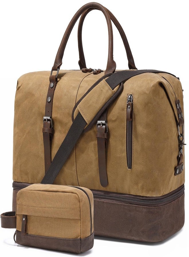 FENGDONG Weekender Bag Large Overnight Bag for Men Women Tote with Shoe Compartment Canvas Carry on Luggage Bag Travel Duffel Bag Brown - Image 1